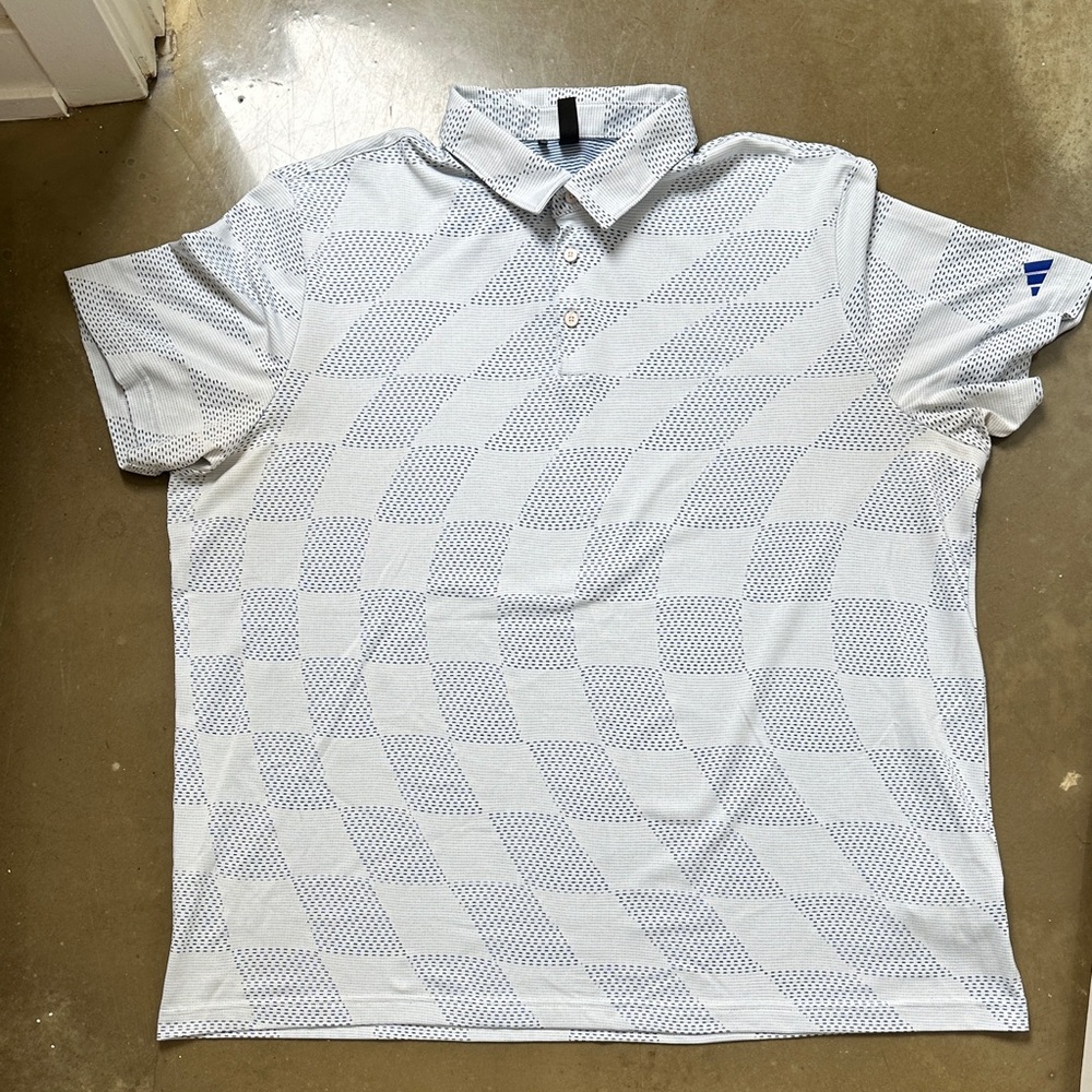 adidas White Polo with Navy Micro-Check Pattern